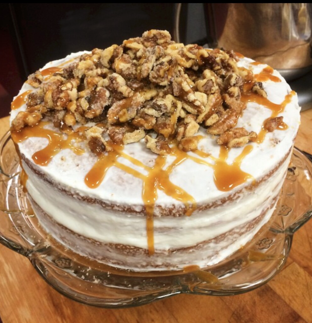 Pear Ginger Cake with Cranberry Pear Filling, Cream Cheese Icing and Candied Walnuts