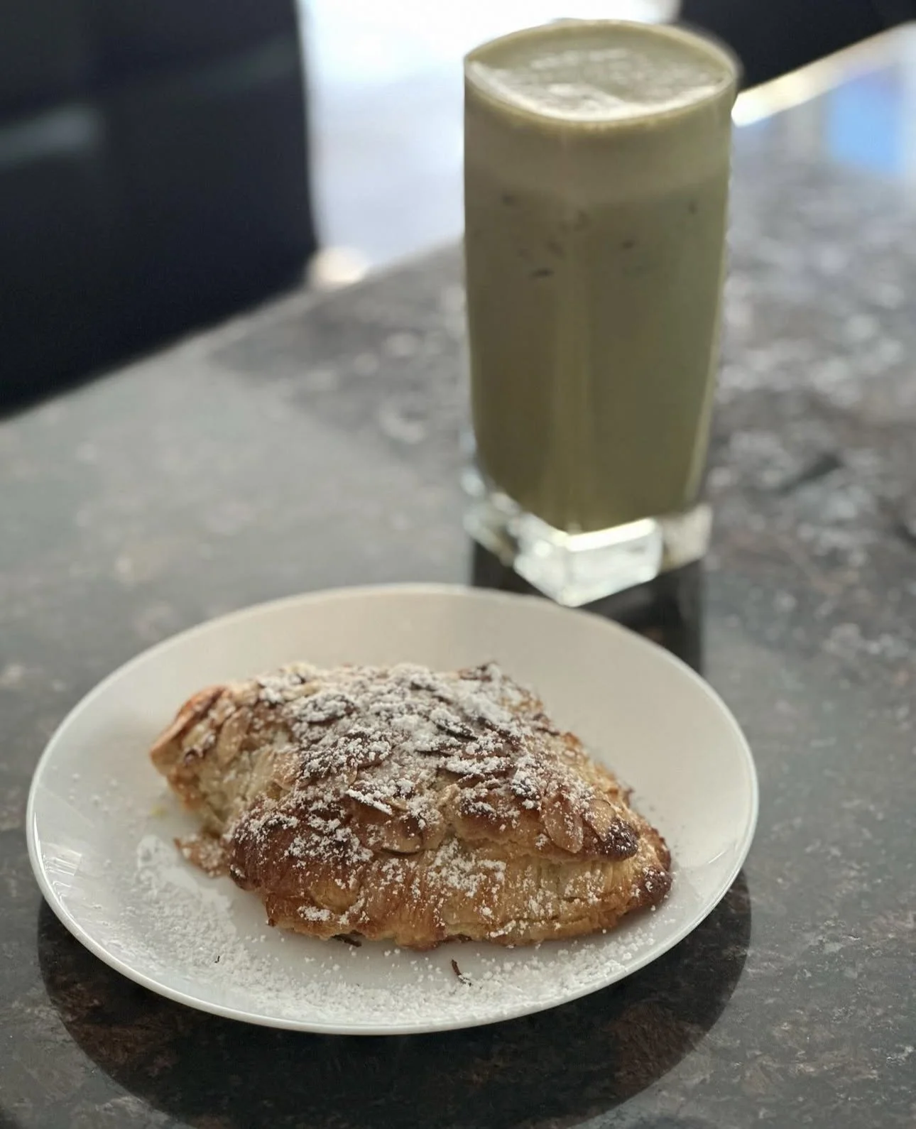 Twice Baked Almond Croissant with Matcha Latte