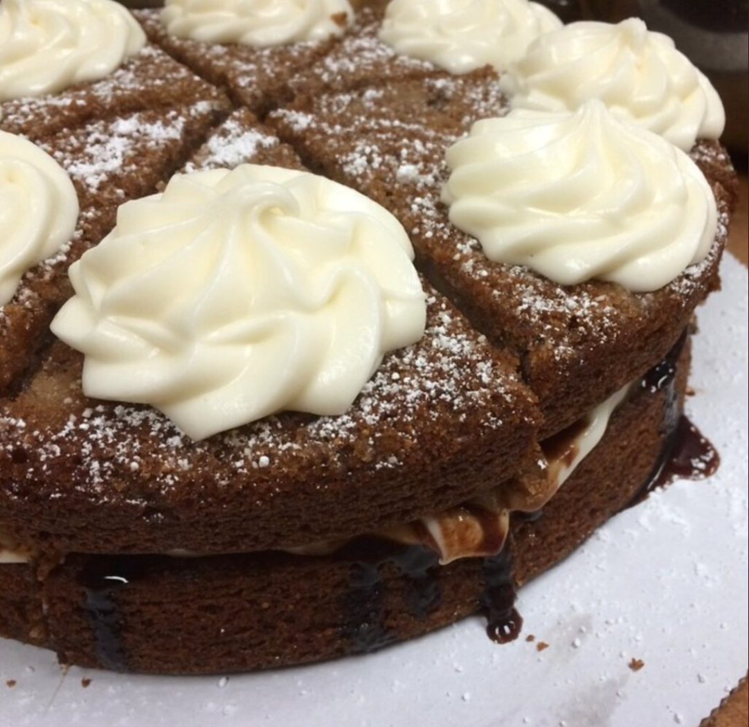 Fig Pecan Cake with Apple Filling, Cream Cheese Icing and a Fig Red Wine Reduction