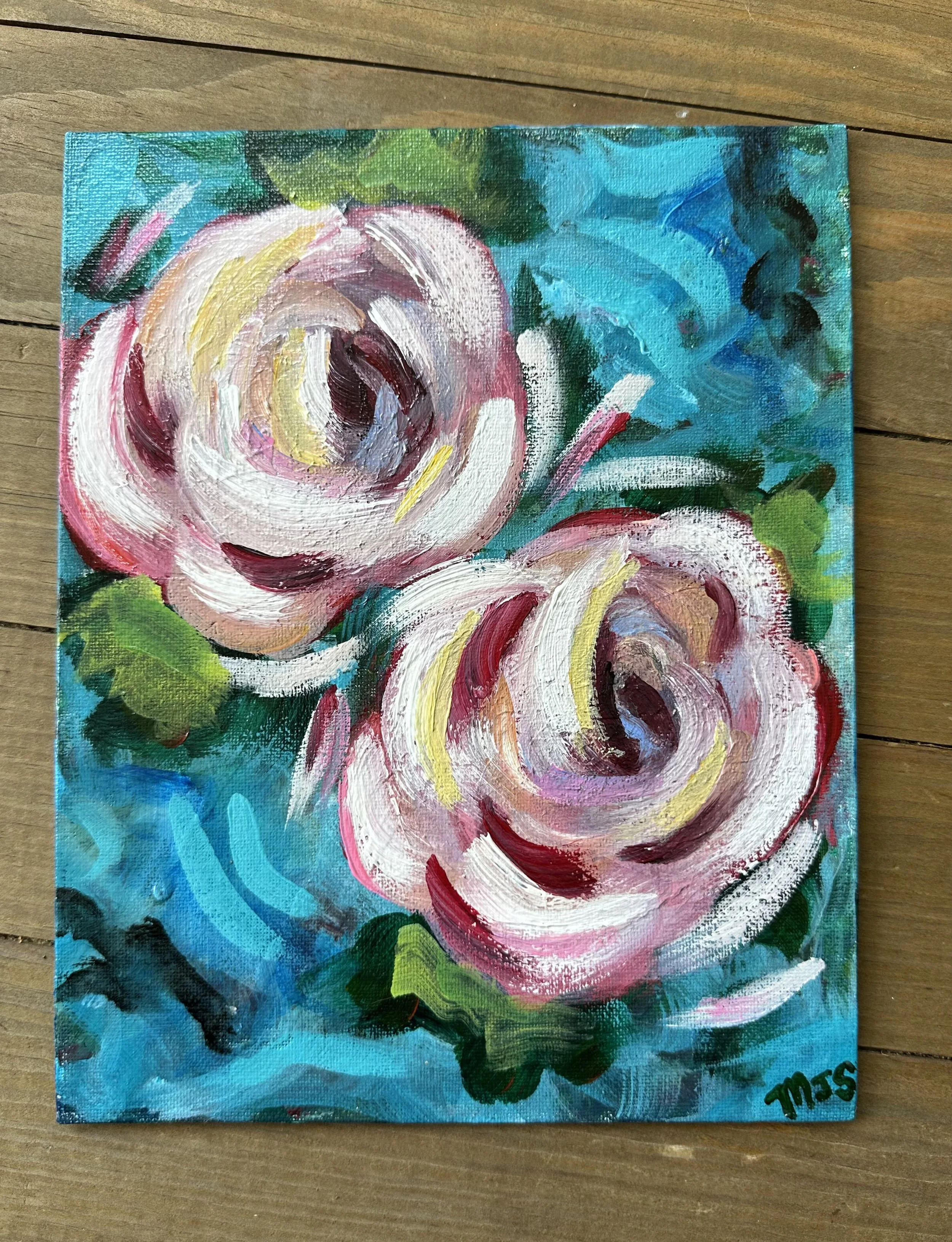 An abstract painting of two pink and white roses with green leaves, set against a bright blue background.
