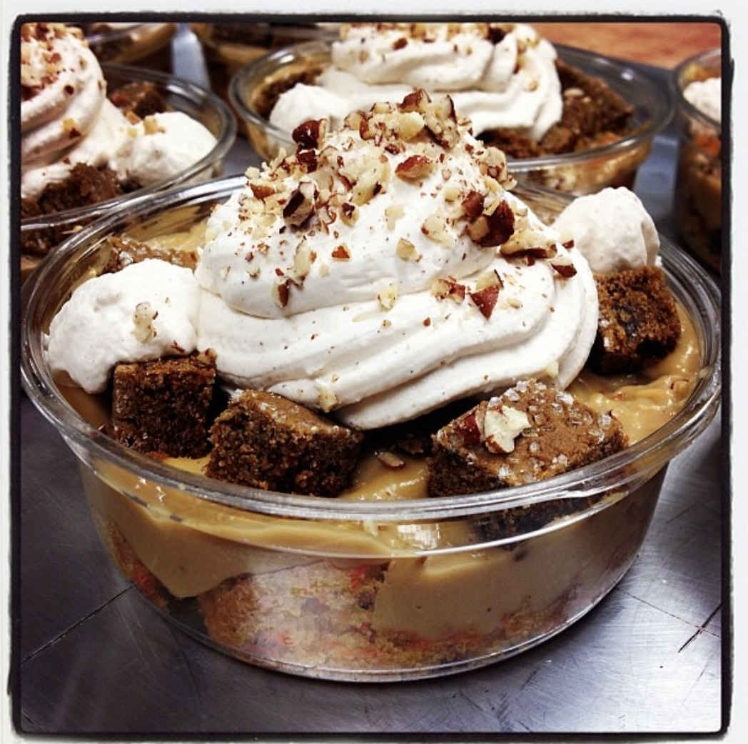 Carrot cake, Maple Cream, Gingersnap Crumbles, Cinnamon Whipped Cream, and Toasted Pecans.