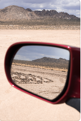 Labyrinth in rearview mirror, Apple Valley, California