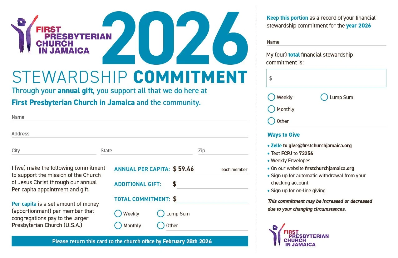 A church stewardship commitment form for First Presbyterian Church in Jamaica for the year 2026, including sections for personal information, donation amount, and giving options, with church logo and instructions on how to give.