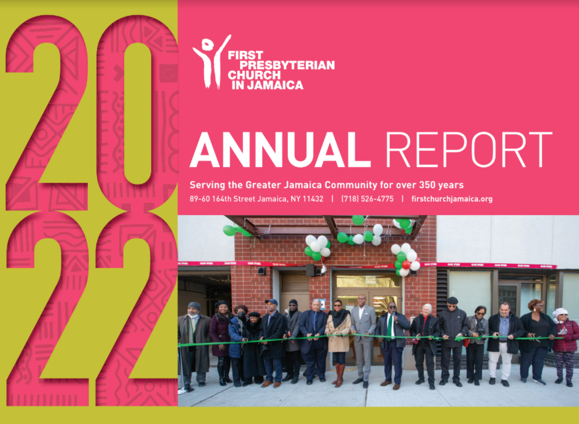 Cover of the 2022 annual report of First Presbyterian Church in Jamaica, New York. The cover features large pink numbers '2022' on a lime green background, with church members participating in a ribbon-cutting ceremony in front of a brick building de