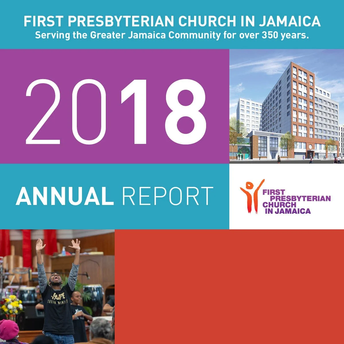 Cover page of the 2018 annual report for First Presbyterian Church in Jamaica, featuring a modern church building, a person raising their hands in worship, and the church's logo.