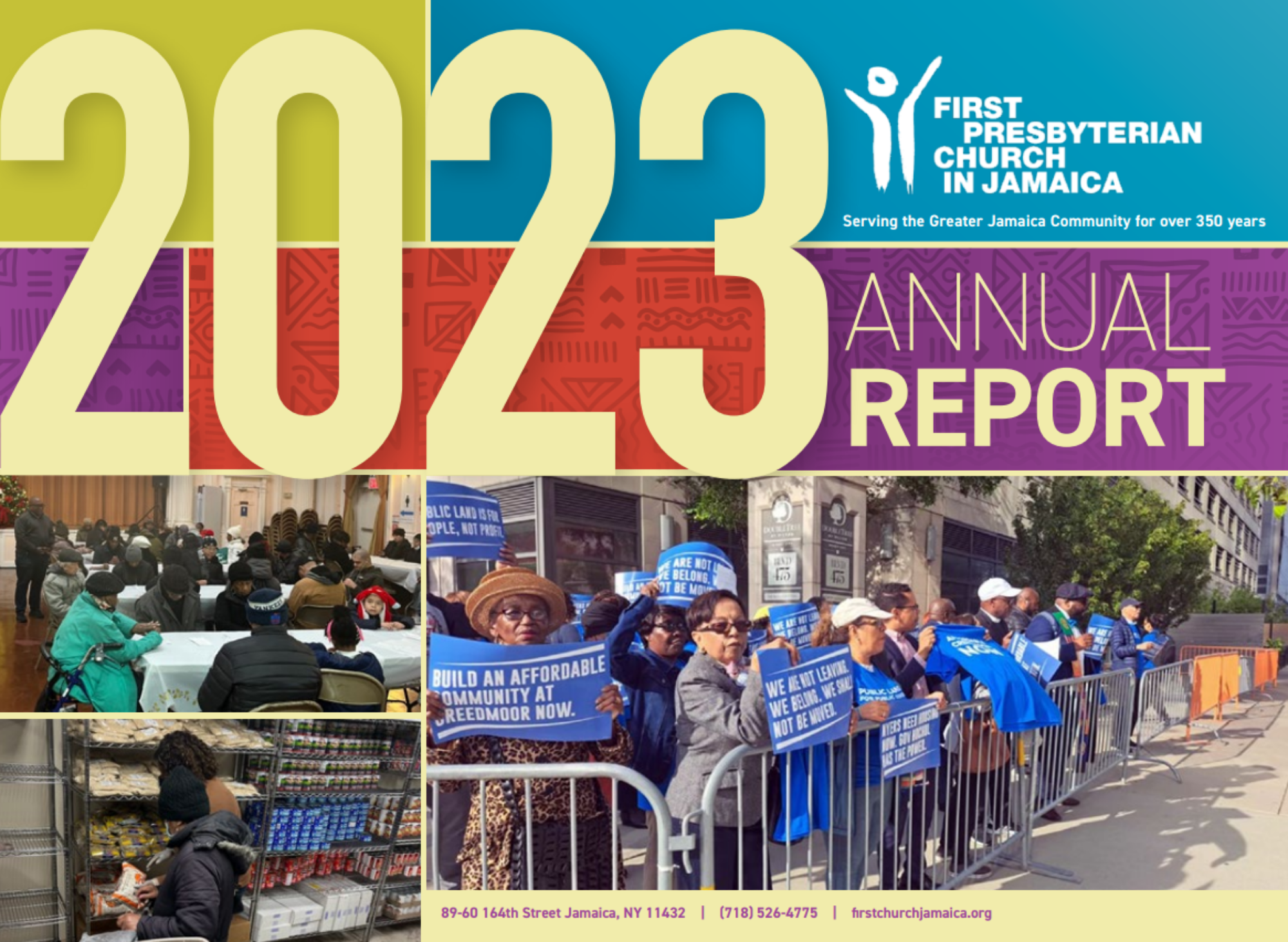 Cover of the 2023 Annual Report for First Presbyterian Church in Jamaica, featuring large colorful text, photos of community members at a protest with signs, a meeting, and a store with groceries.