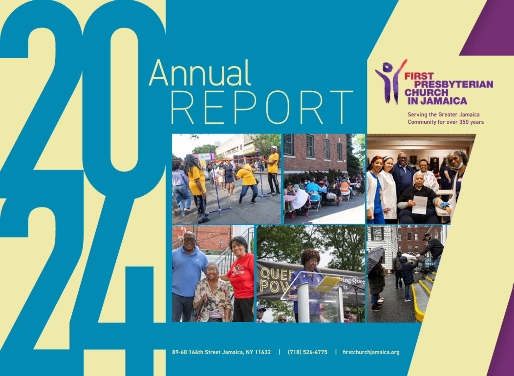 Cover of the 2024 Annual Report of First Presbyterian Church in Jamaica, featuring a collage of photos showing community activities, gatherings, and events.