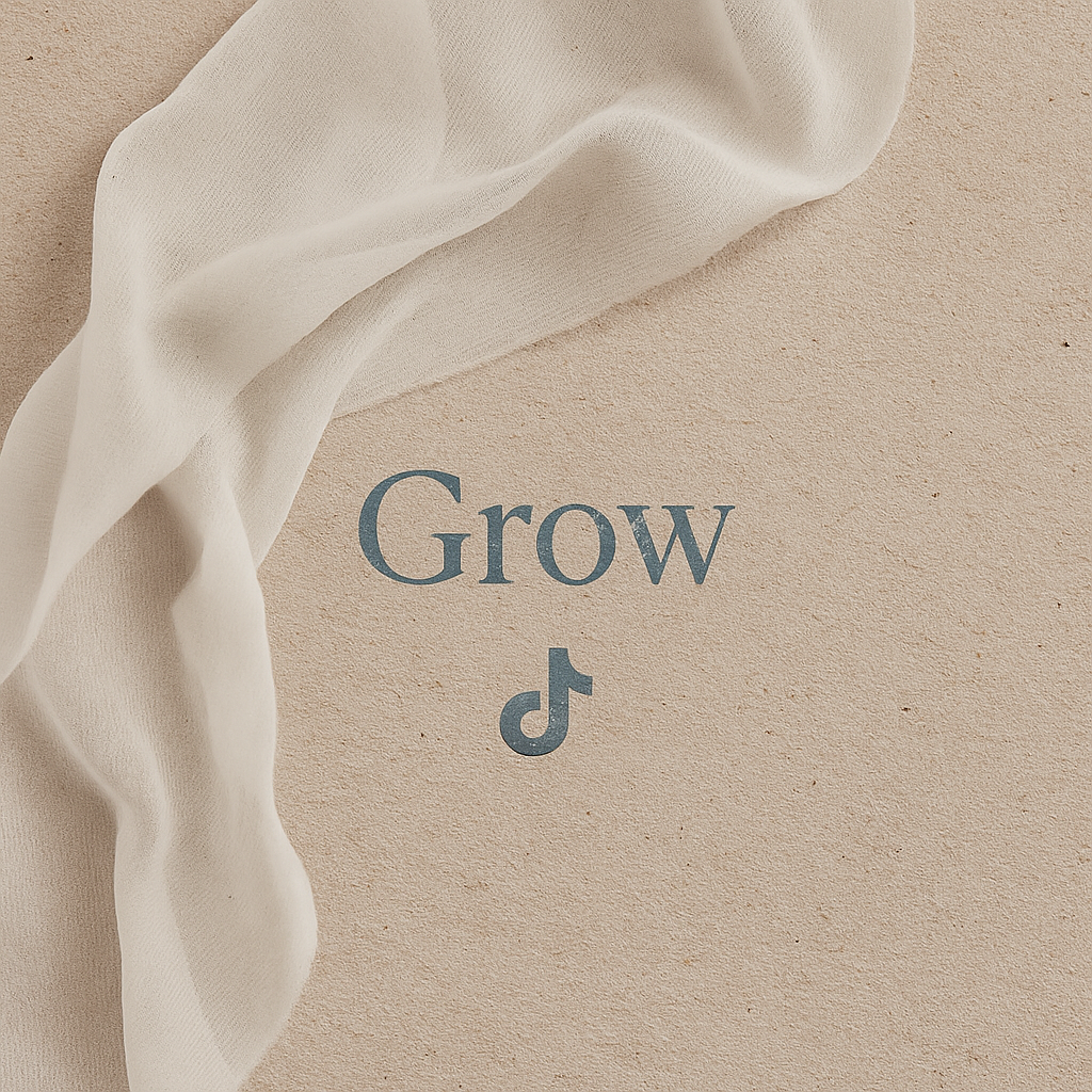 A beige surface with a piece of white fabric draped over it. The word "Grow" and a music note icon are printed on the surface.