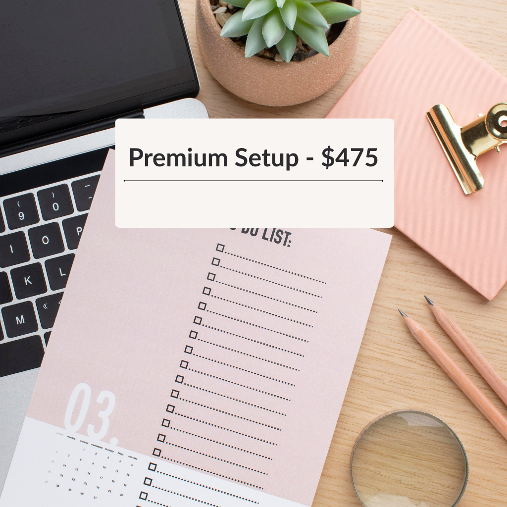 A workspace with a laptop, potted succulent plant, pink notebook, gold binder clip, dual pencils, a magnifying glass, and a pink and white to-do list sheet, with a white overlay text indicating a "Premium Setup - $475".