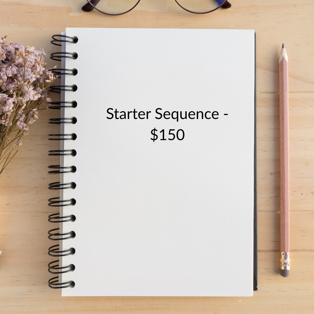 A notebook with the title ‘Starter Sequence - $150’ on the cover, placed on a wooden desk with a pink flower on the left, glasses at the top, and a pink pencil on the right.