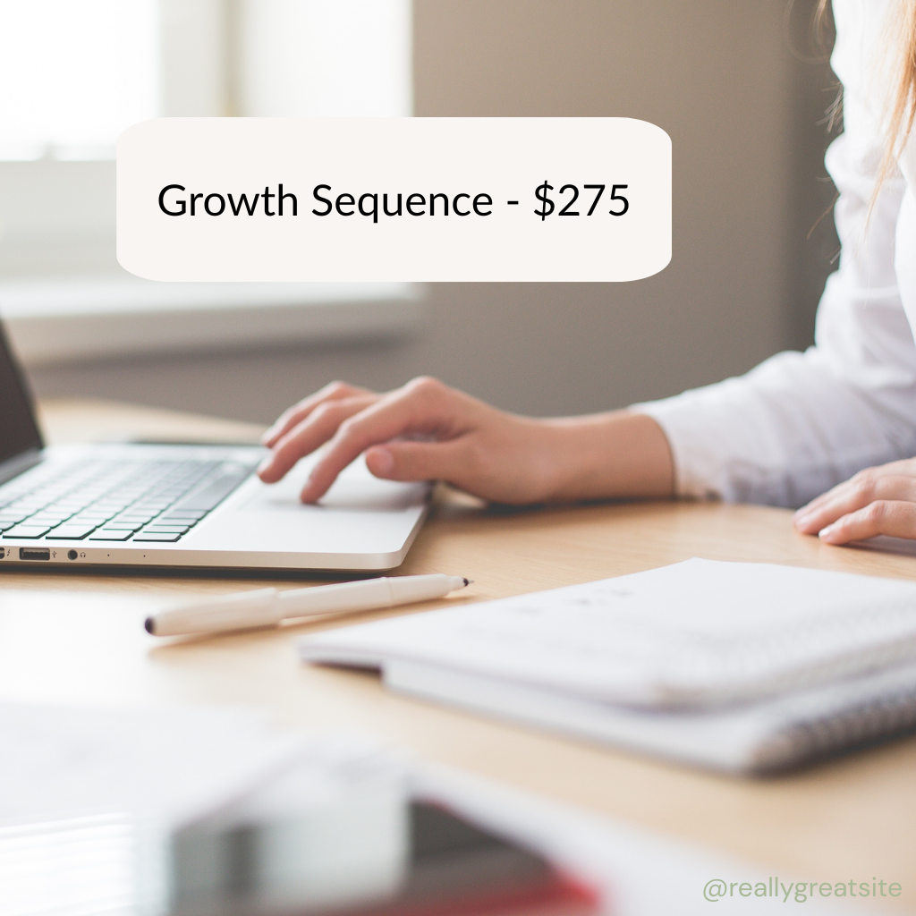 A person working on a laptop at a desk with a notebook, pen, and paper, with a speech bubble displaying 'Growth Sequence - $275'.
