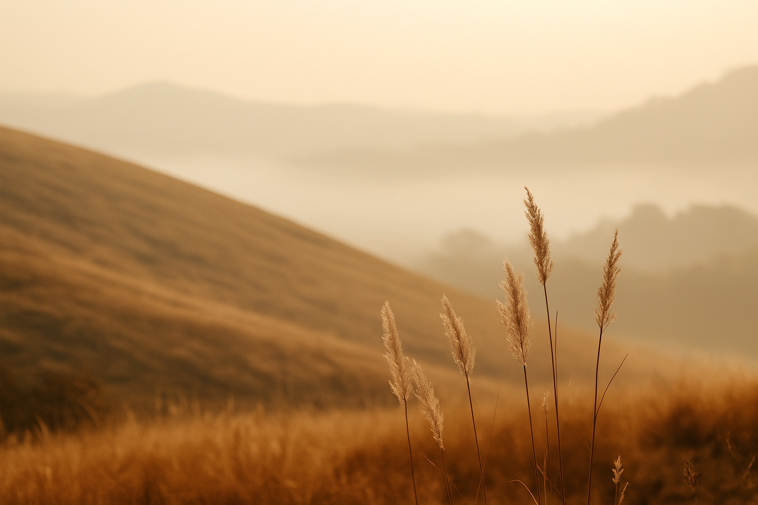 Golden brown grass in the foreground with rolling hills and mountains in the background during sunset or sunrise.