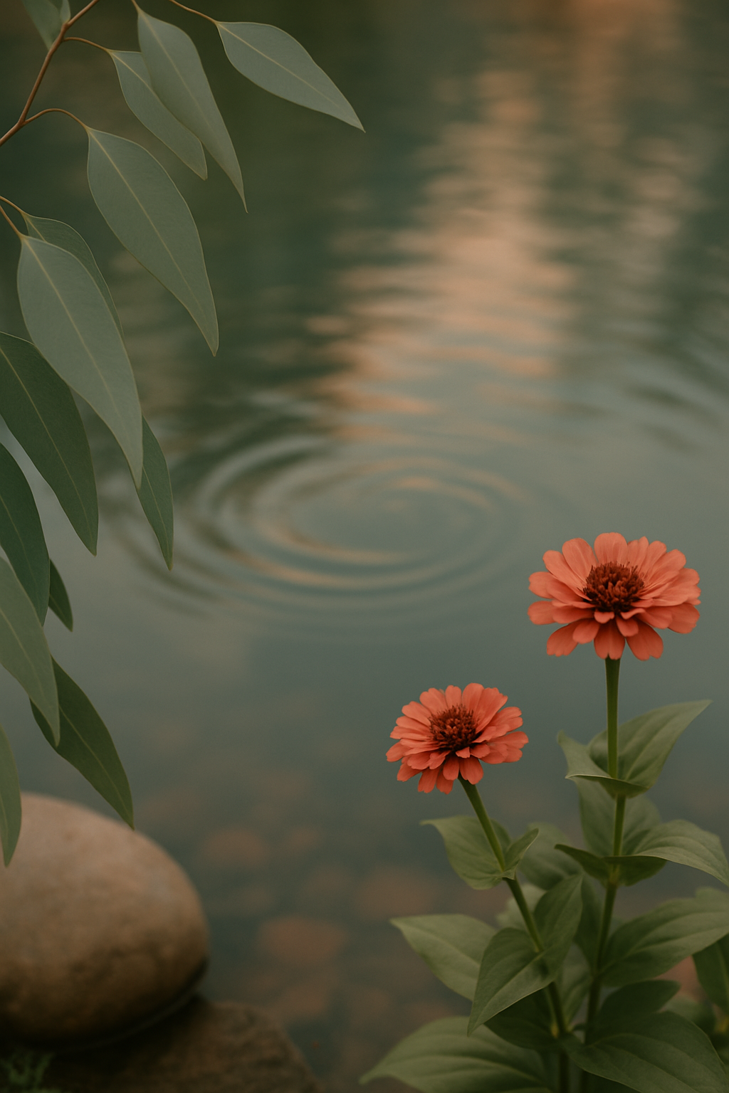 Two orange flowers with green leaves near a pond with ripples.