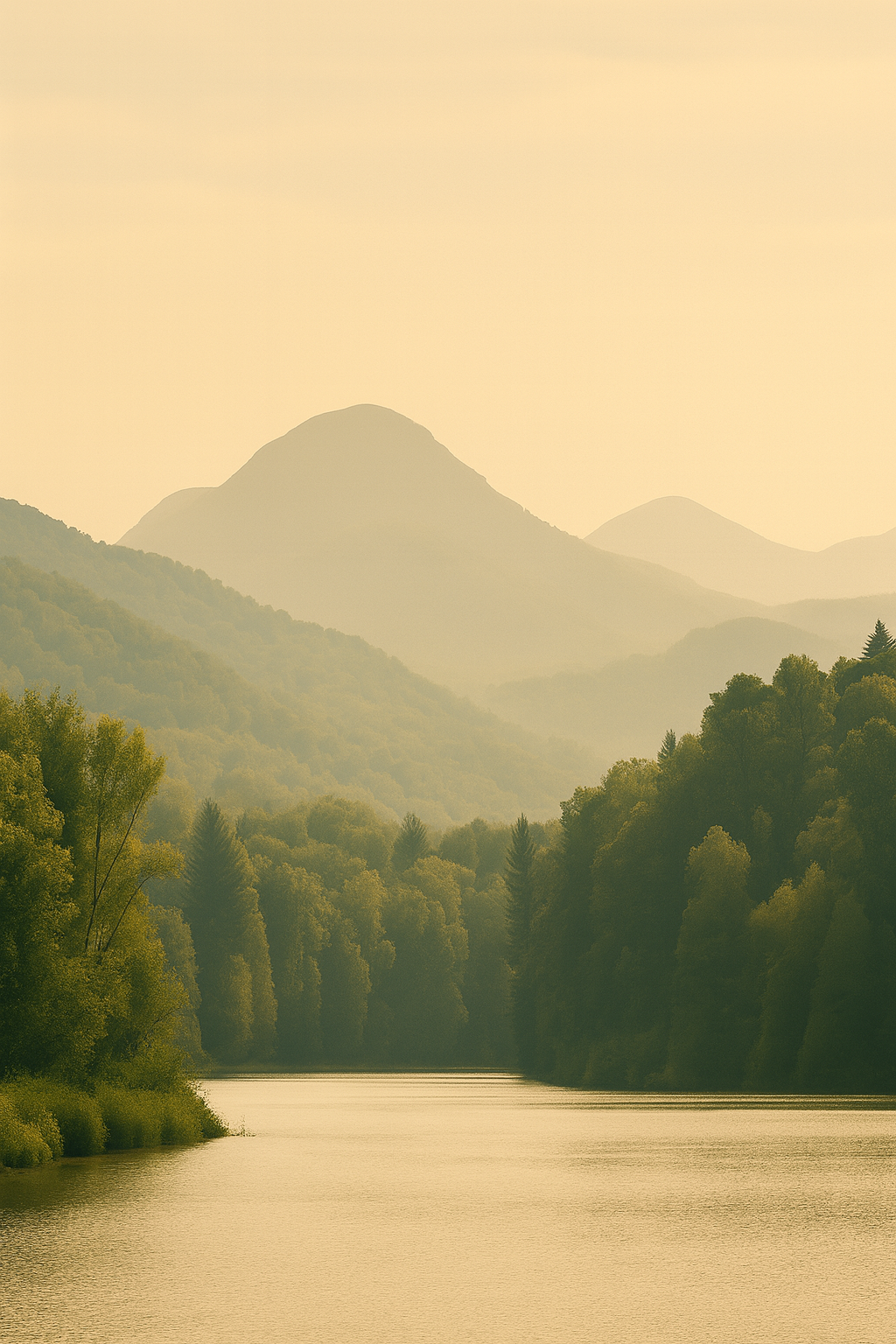 A serene river flows through a forested landscape with mountains in the background, bathed in a soft, warm light.