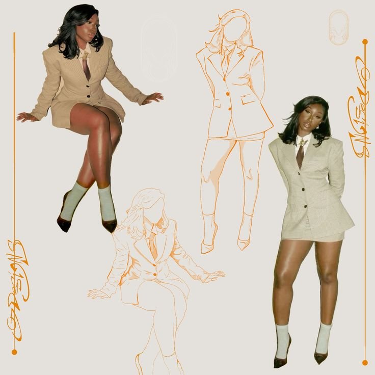Photo of a woman in a beige blazer dress with black heels and white socks, sitting cross-legged, with illustrated sketches of herself in different poses and a signature.