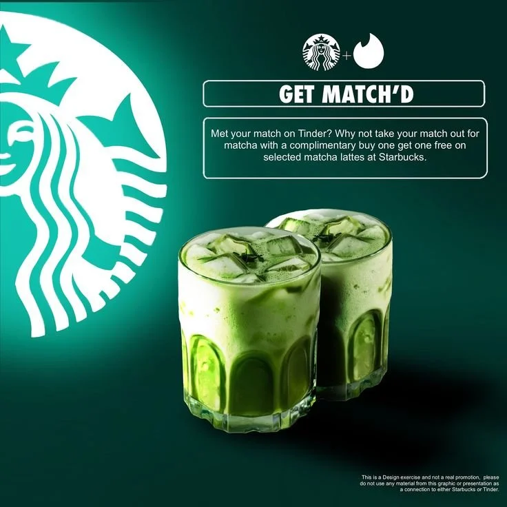 Starbucks and Tinder partnership promotion featuring two matcha lattes with ice on a green background, with text about matching on Tinder and promotional offers at Starbucks.