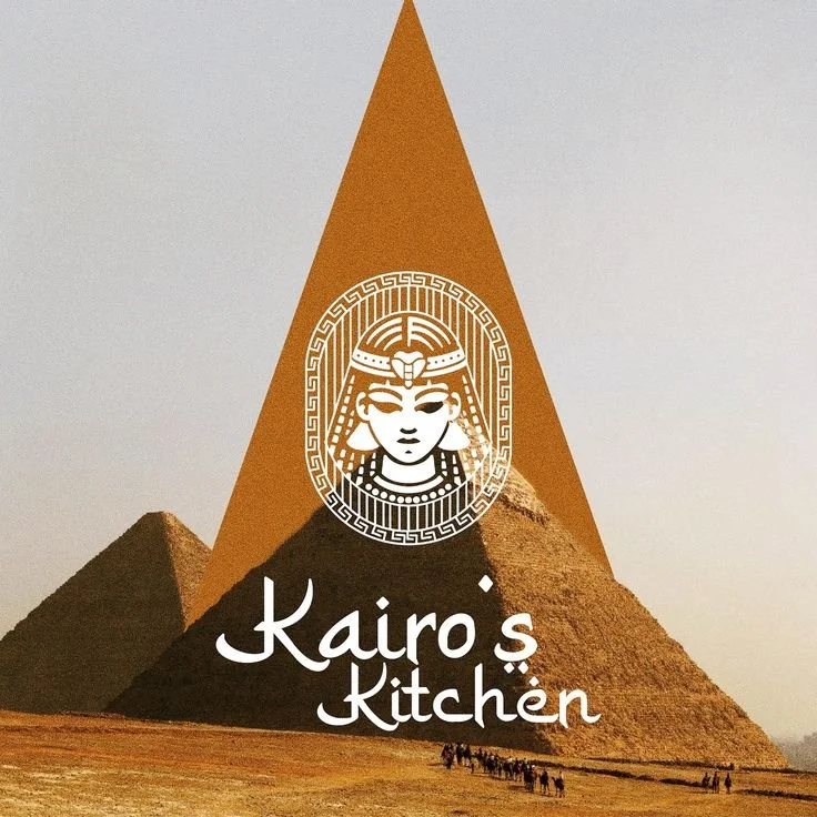 Logo for Kairo's Kitchen with Egyptian pyramids in the background, featuring a stylized illustration of an ancient Egyptian woman and the restaurant name.