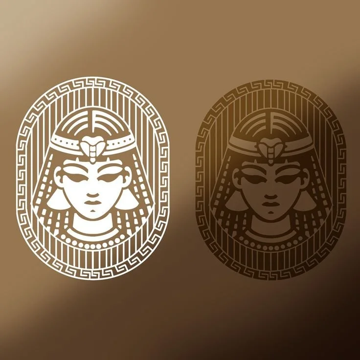 Two stylized female faces with Egyptian headdresses and jewelry, one white and one brown shadowed, framed in an oval with a geometric border.