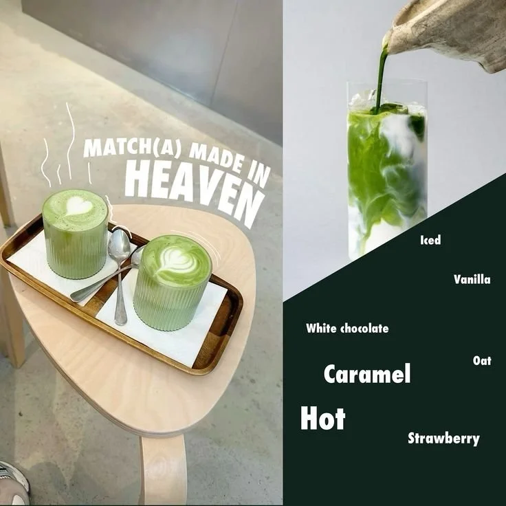 Two green drinks served on a wooden tray, each with a spoon, on a light-colored table. The image includes text: "Match(a) made in Heaven". On the right, there's a tall glass filled with iced matcha latte, being poured from a teapot. Additional text o