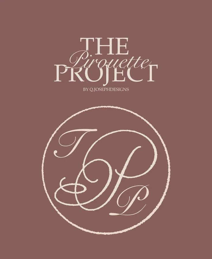 Cover page of The Pirouette Project by Q. Joseph Designs with a brown background and a circular logo featuring intertwined initials.