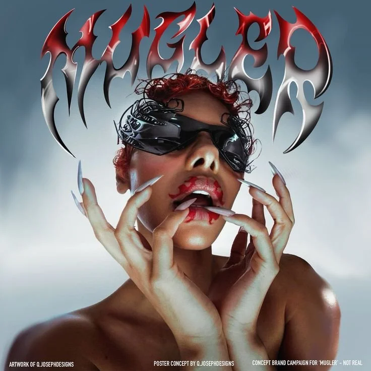 A woman with red hair, wearing black goggles, with red lipstick, and long manicured nails, posing in front of a gray background with stylized red and gray text that reads 'HUNCHED' above her head.