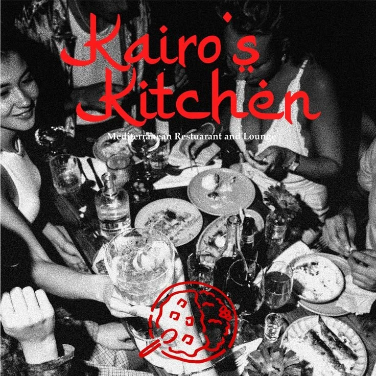 Black and white photo of people enjoying a meal at Kairo's Kitchen, a Mediterranean restaurant and lounge, with plates of food on the table and drinks in hand.