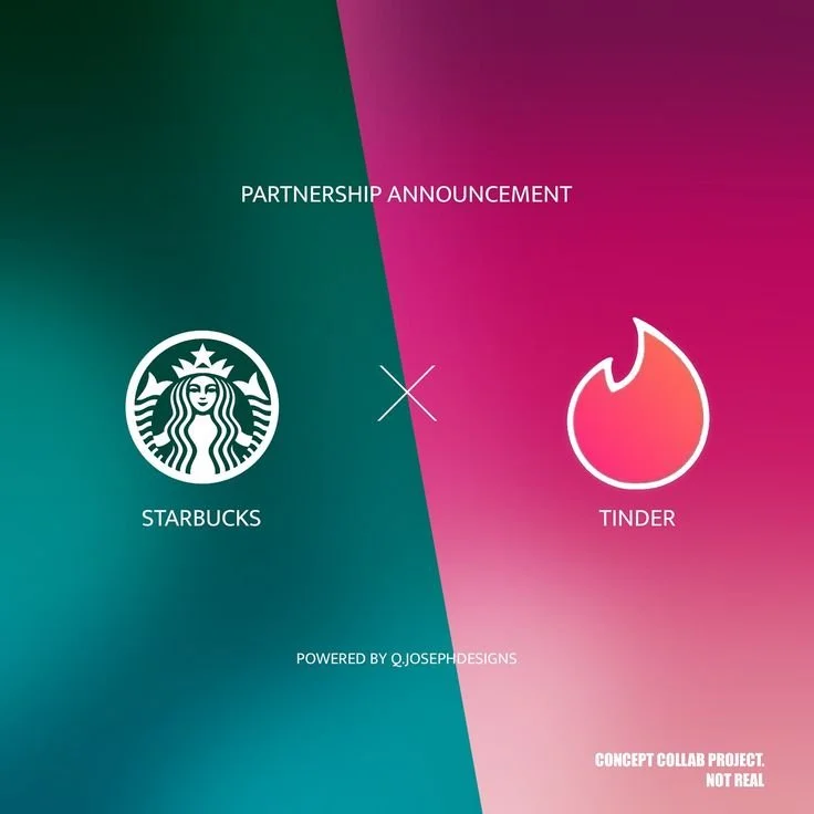 Announcement of a partnership between Starbucks and Tinder with Starbucks logo on the left and Tinder logo on the right, separated by a diagonal line, with text "Partnership Announcement" at the top and "Powered by Q.JosephDesigns" at the bottom, and