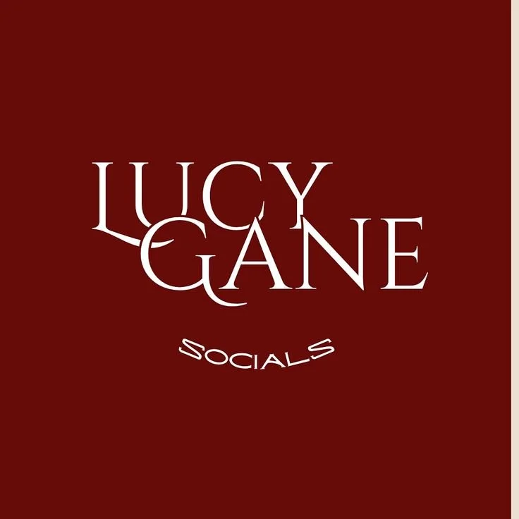 Logo for Lucy Gane Socials with stylized text on a dark red background.