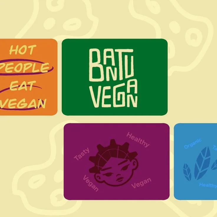 Colorful digital illustration promoting vegan food, health, and sustainability with text 'Hot People Eat Vegan' and icons representing healthy, tasty, vegan, and organic food.