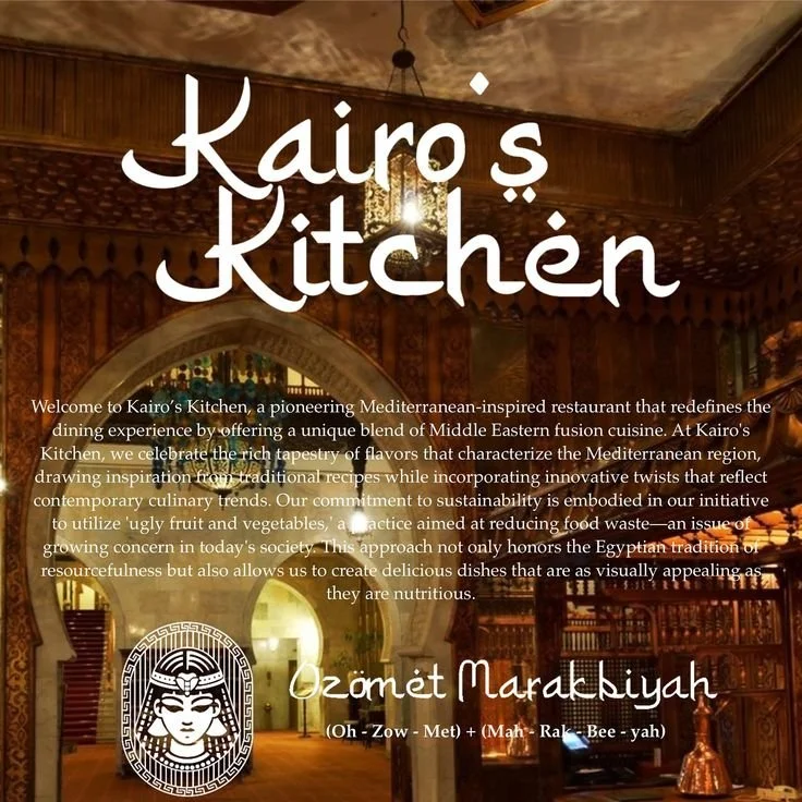 Interior of Kairo's Kitchen, a Mediterranean-inspired restaurant with warm lighting, ornate woodwork, and traditional decor. Overlaid is the restaurant's name and description.