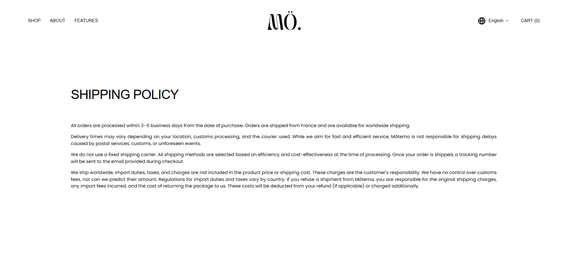 Screenshot of the shipping policy page from a website, displaying text about processing times, shipping locations, courier methods, and import duties.