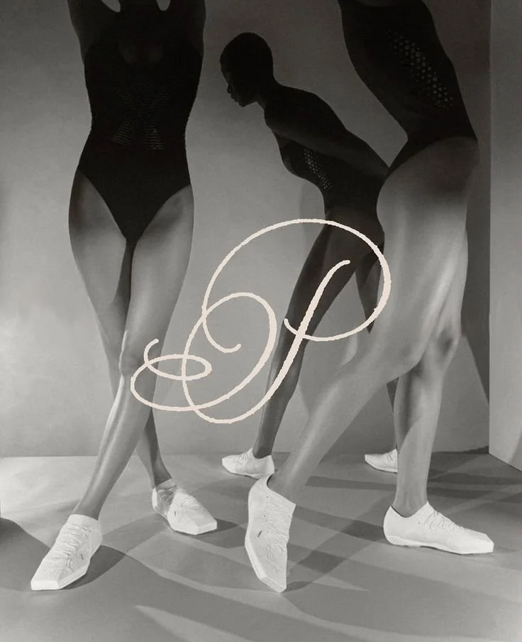 Black and white photo of three women in athletic poses wearing workout clothes and sneakers, with a stylized white 'P' in the foreground.
