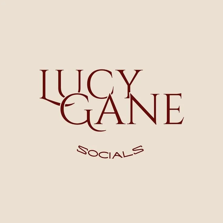 Logo for 'Lucy Gane Socials' with beige background, dark red stylized text.