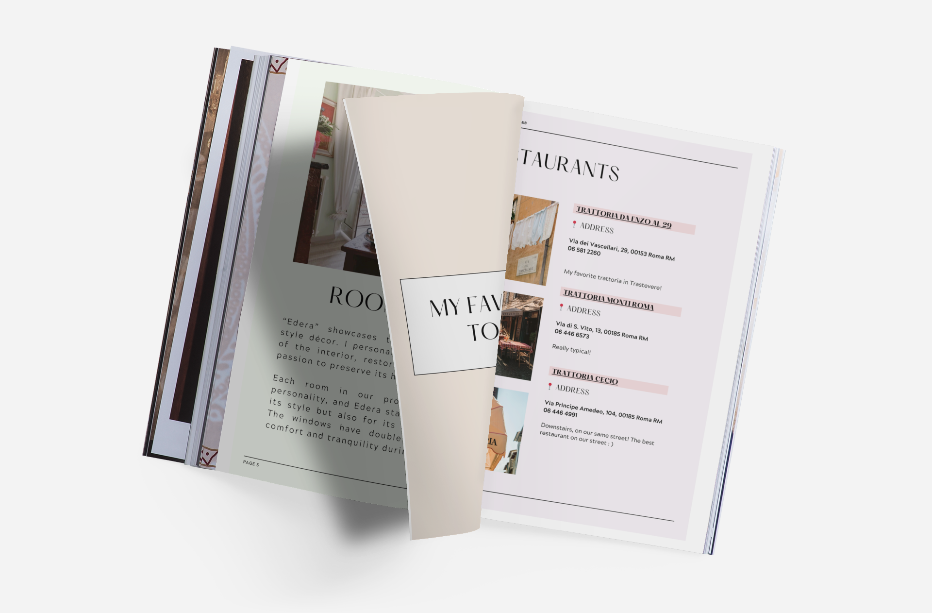 Libro aperto con pagine che mostrano descrizioni e indirizzi di vari ristoranti, con immagini di interni ed esterni di locali.