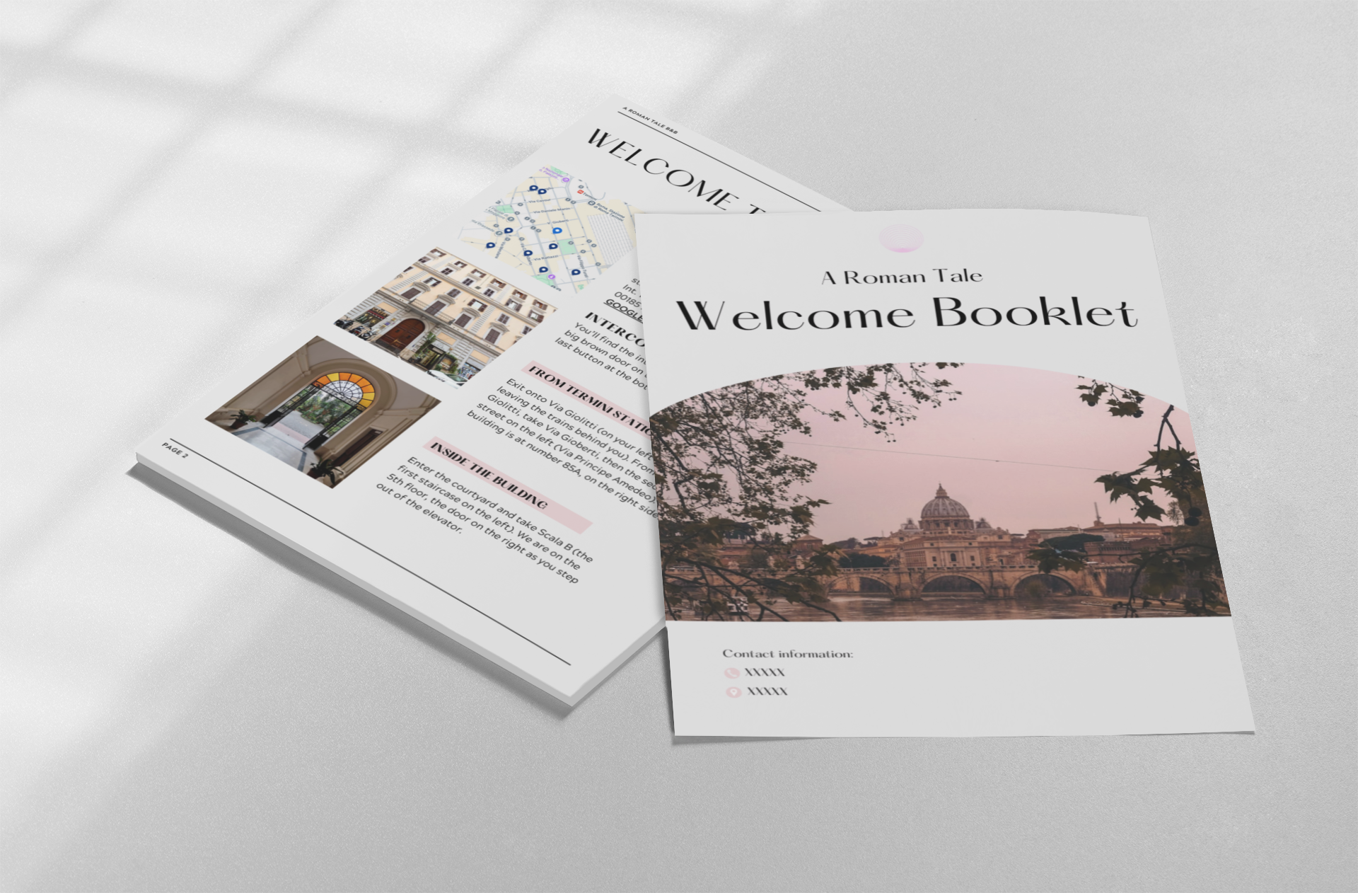 Flyer di benvenuto con immagine del Tevere e San Pietro, informazioni di contatto e una mappa di Roma.