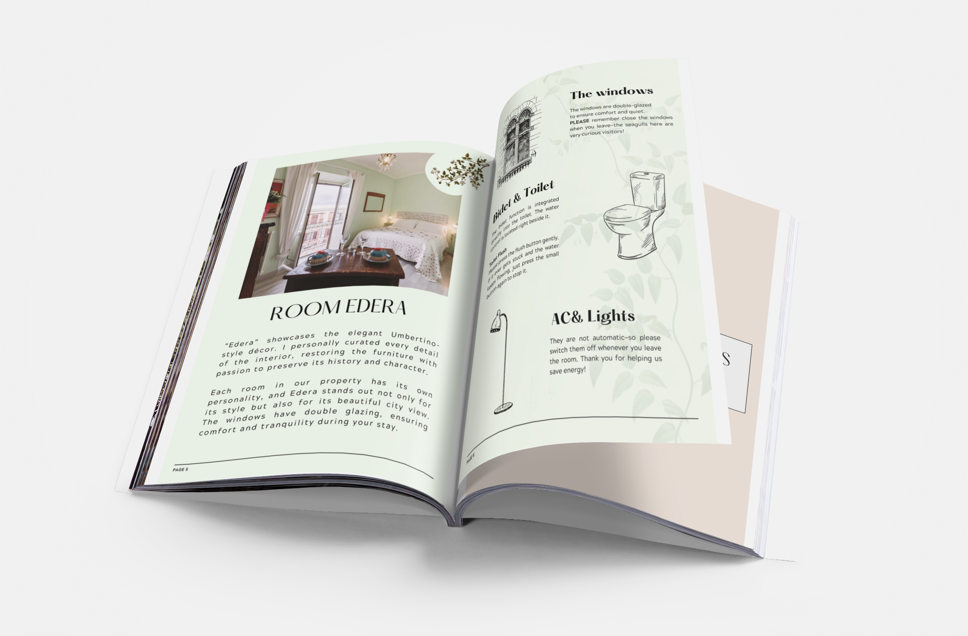 Il catalogo mostra una stanza con un letto, una porta finestra che dà su un balcone, e un tavolo con due piatti sopra, con pareti dipinte di un colore tenue. Il testo descrive le caratteristiche della stanza come le finestre, il bagno e le luci.