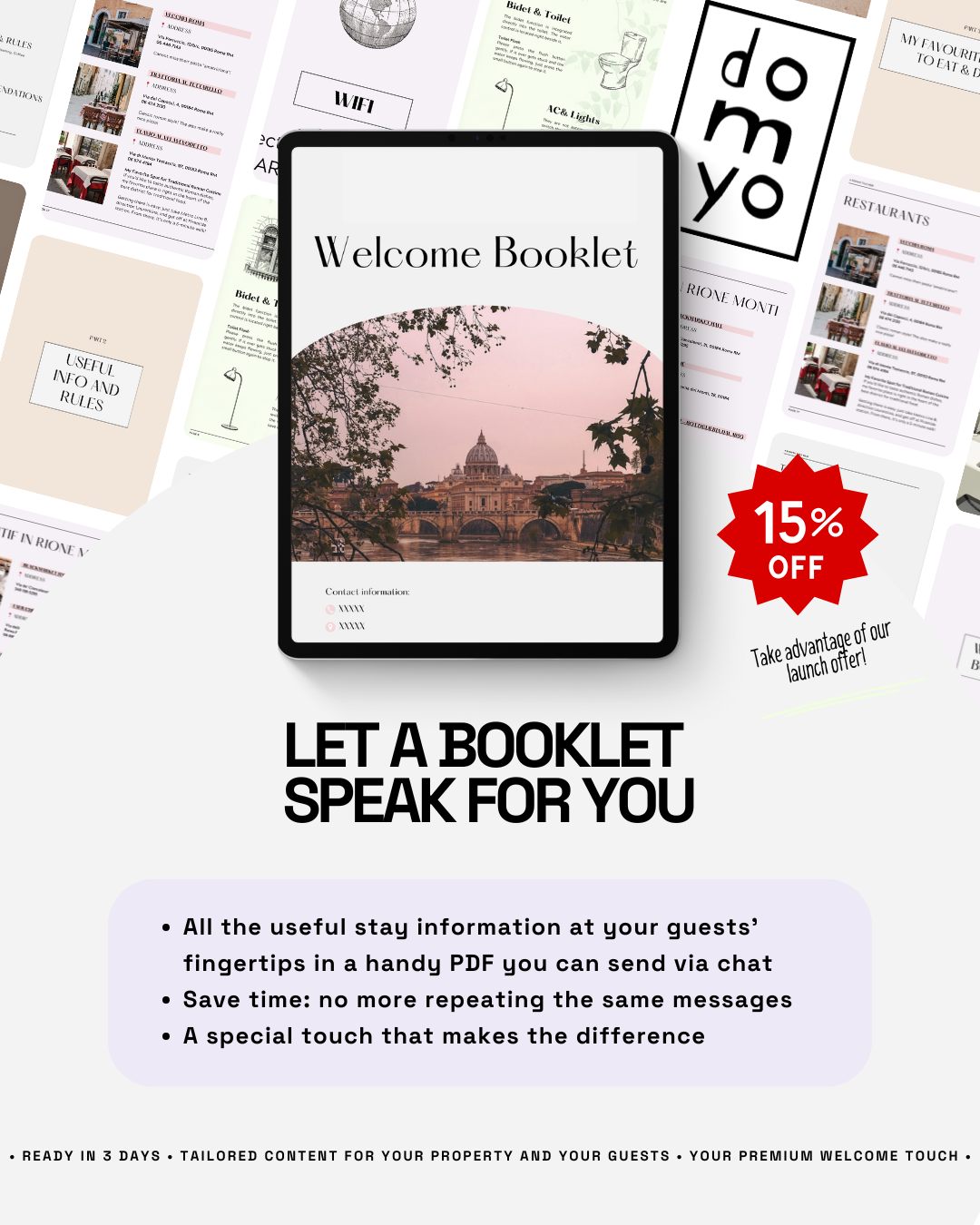 Un opuscolo di benvenuto con immagine di Roma sullo schermo di un tablet, circondato da vari volantini promozionali e informativi su altri servizi e offerte.