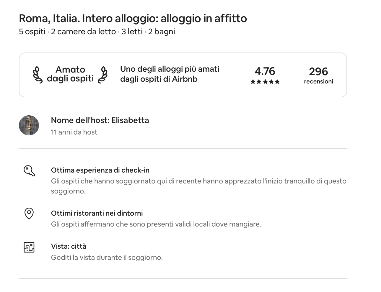 Scheda di annuncio di un alloggio in affitto a Roma con informazioni sulla recensione, host, esperienza di check-in, ristoranti nelle vicinanze, e vista sulla città.