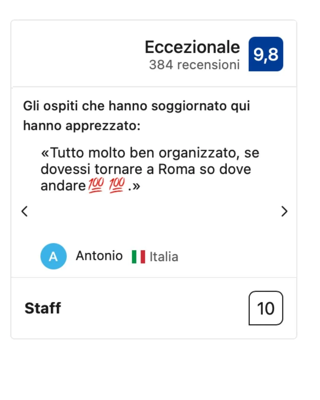 Recensione positiva di un soggiorno in un hotel, con un punteggio di 9,8 su 10, e un commento che apprezza l'organizzazione e la posizione a Roma, scritto da Antonio dall'Italia.