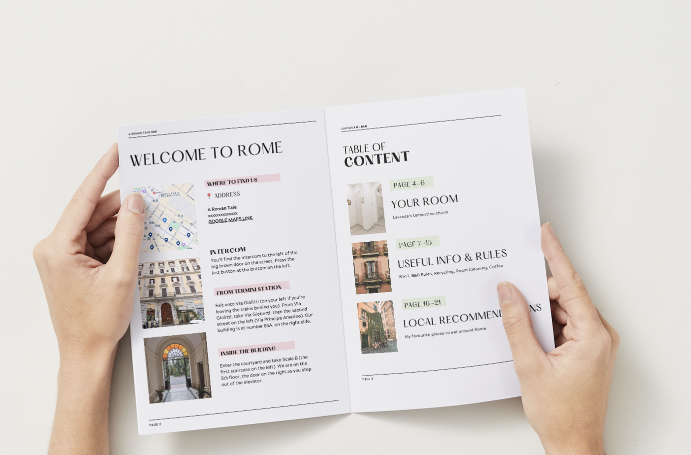 Mani che tengono un opuscolo di benvenuto a Roma, che mostra una mappa e informazioni sulla città.