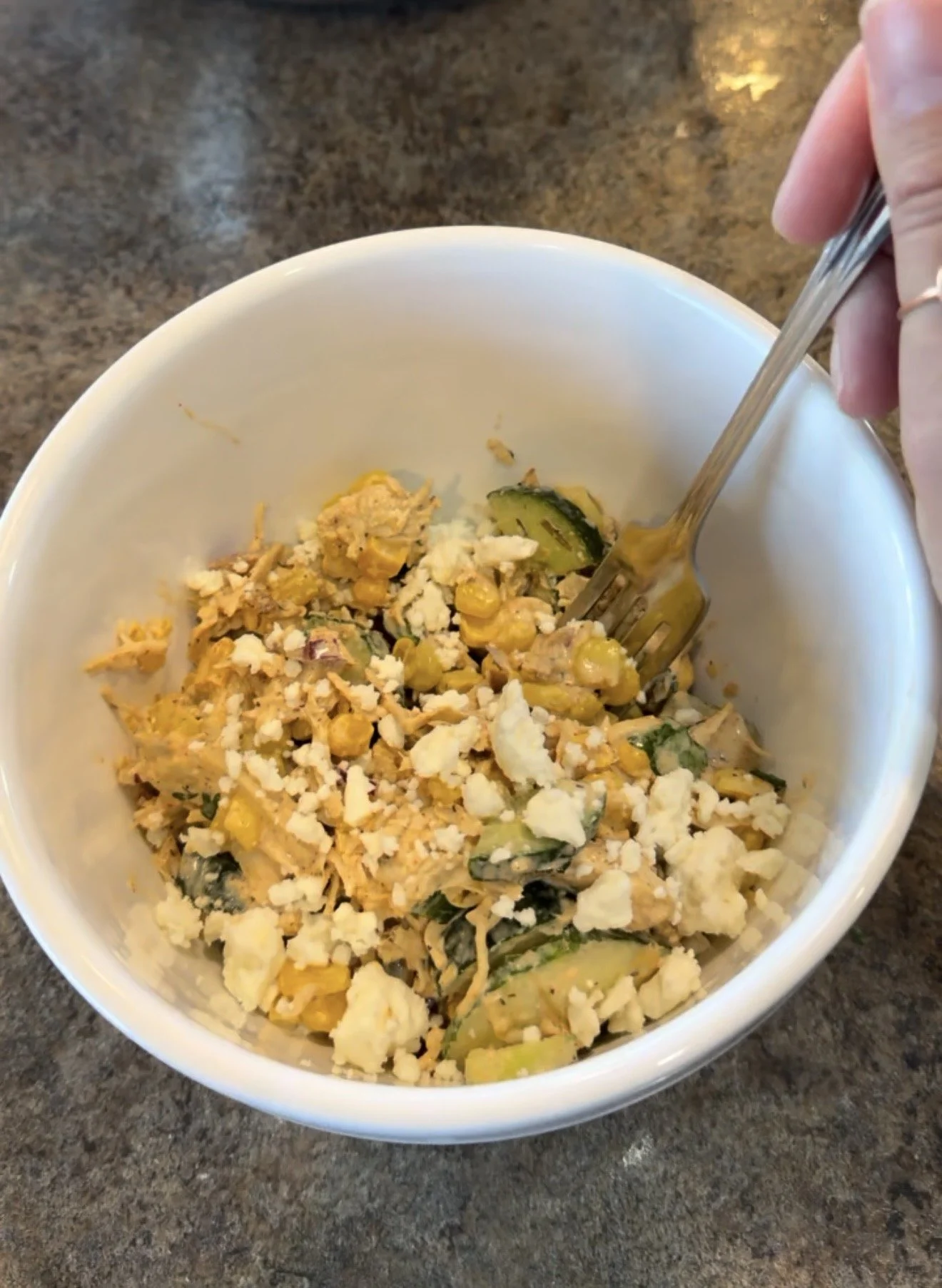 creamy cucumber + corn chicken salad