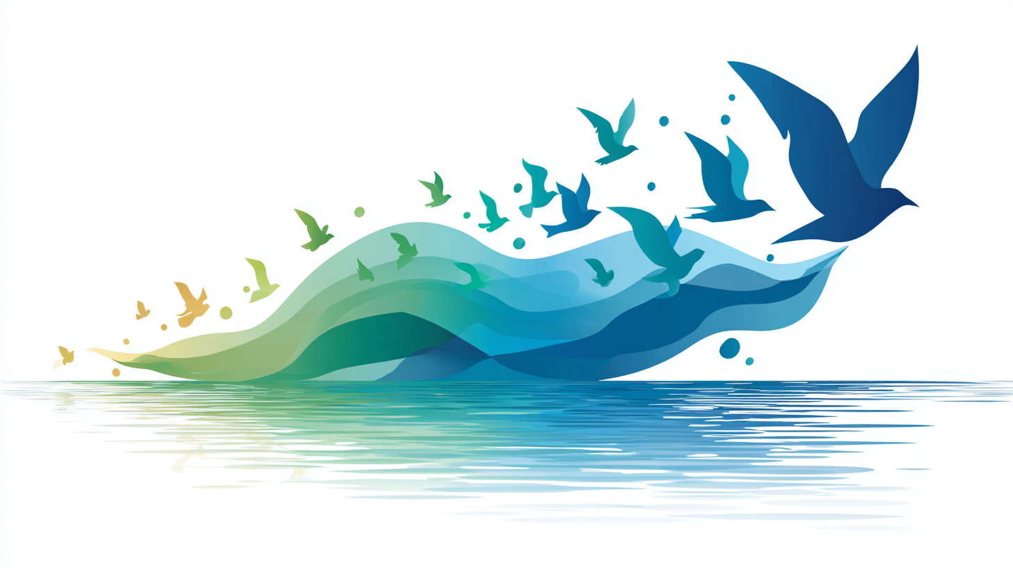 Abstract illustration of a whale made of colorful, flowing shapes with birds flying above and reflected in water.