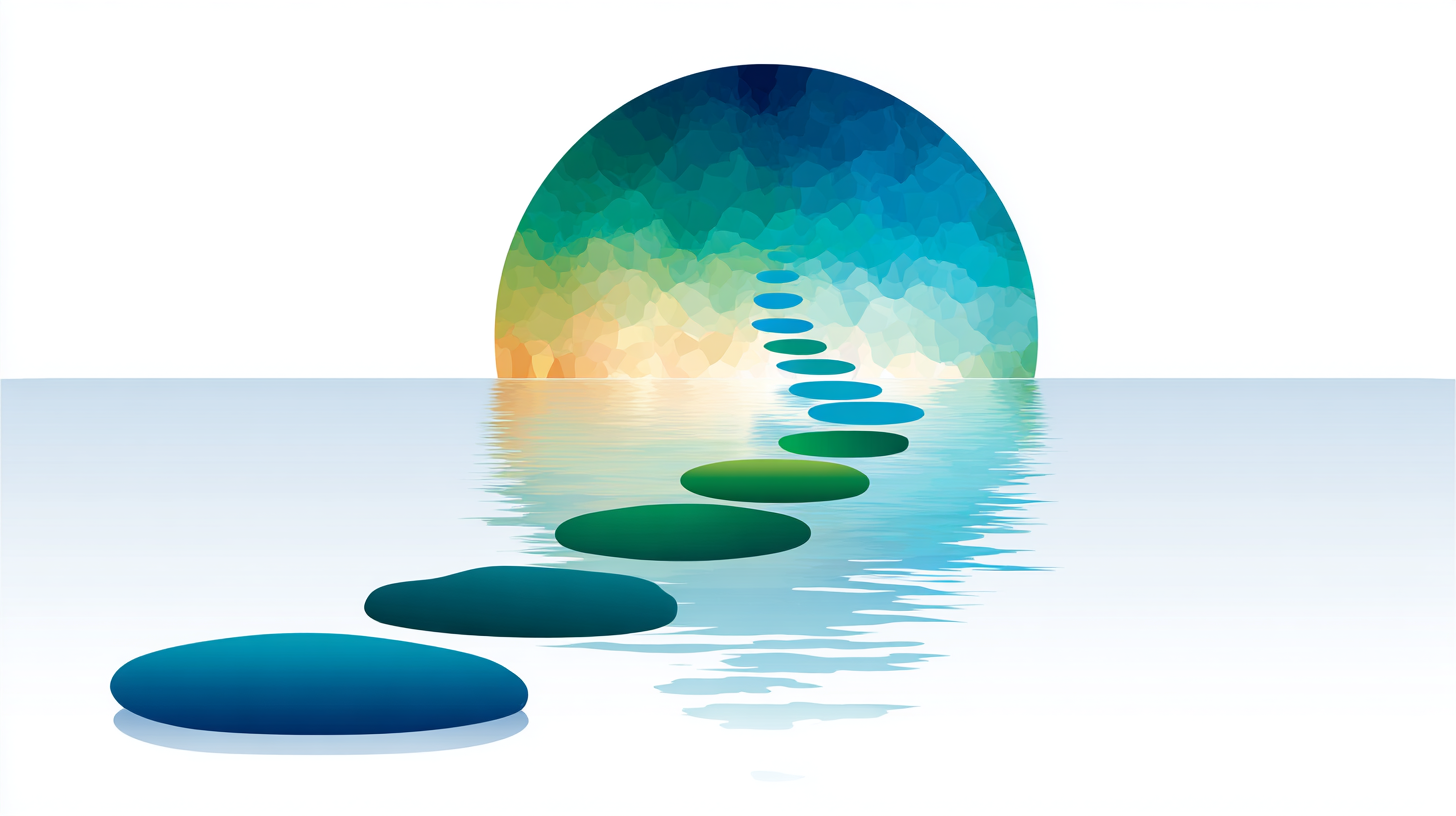 Artistic digital illustration of a panoramic view of water reflecting the sky, with a floating pathway of large, colored stones leading to a large, multicolored, pixelated circle representing the sun or moon.