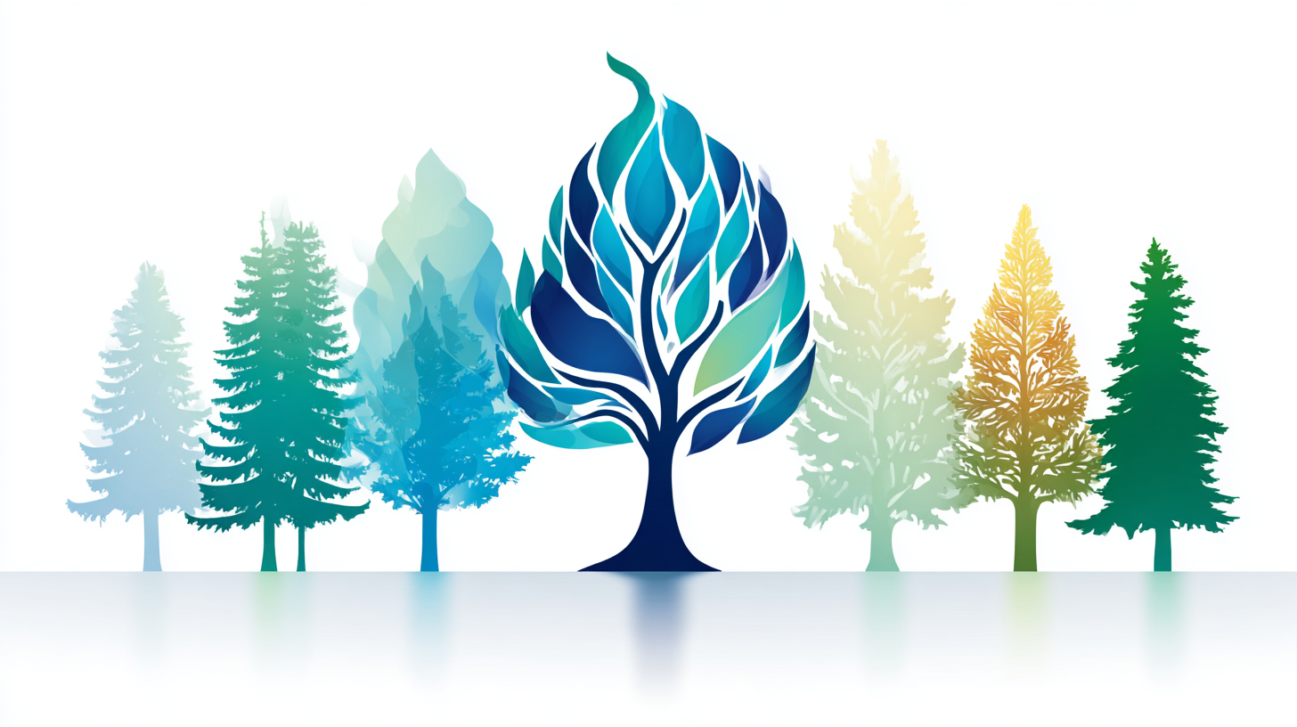 Stylized blue tree in the center with multi-colored leaves, surrounded by various green trees in background, on a white background.