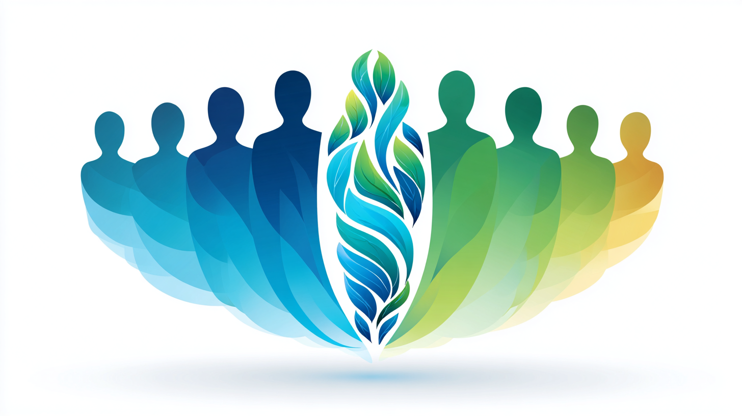 Silhouette of human figures arranged in blue and green gradient colors, with a stylized, swirling green and blue leaf pattern in the center.