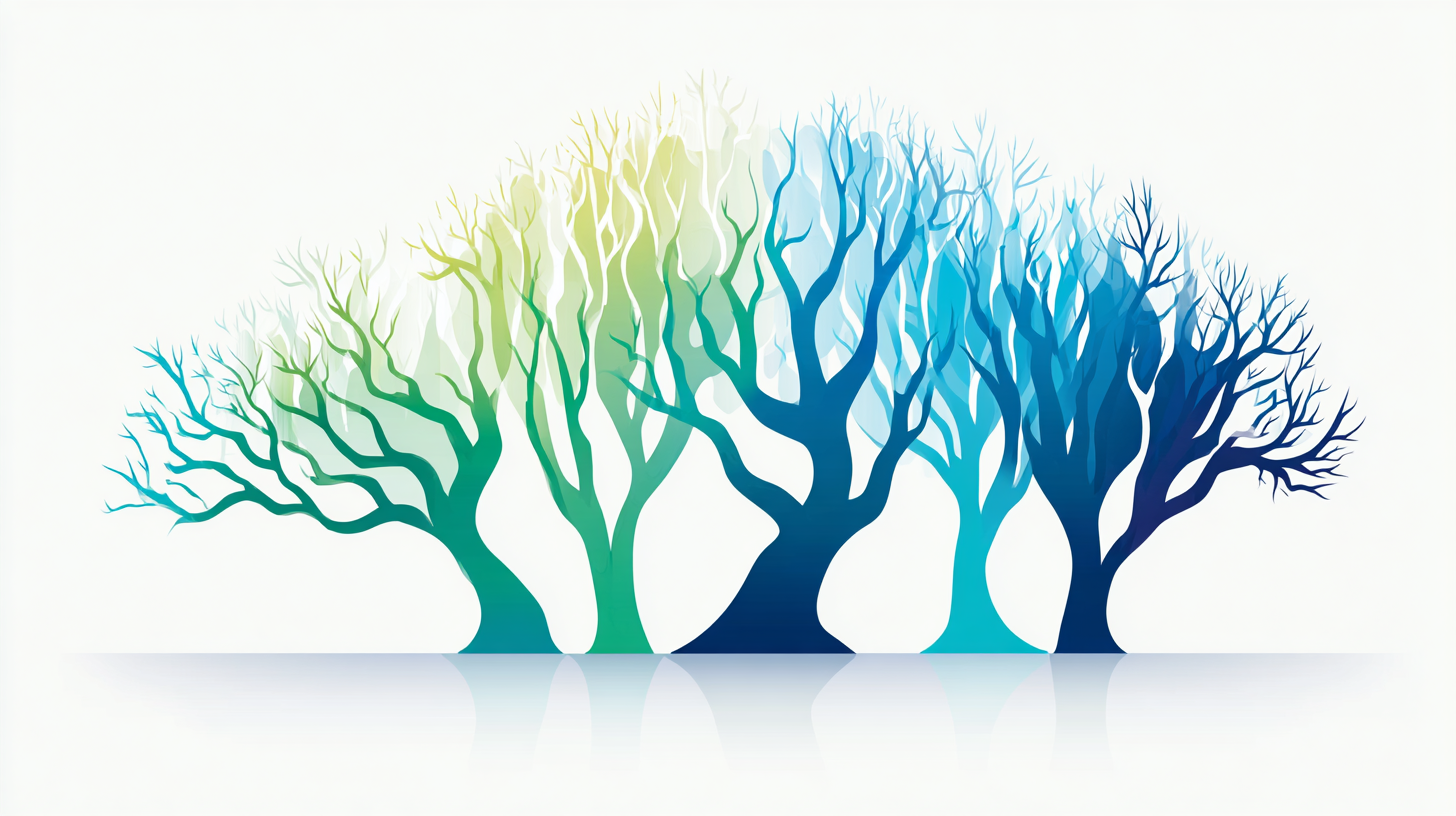 Abstract illustration of multiple leafless trees in gradient shades from green to blue on a white background.