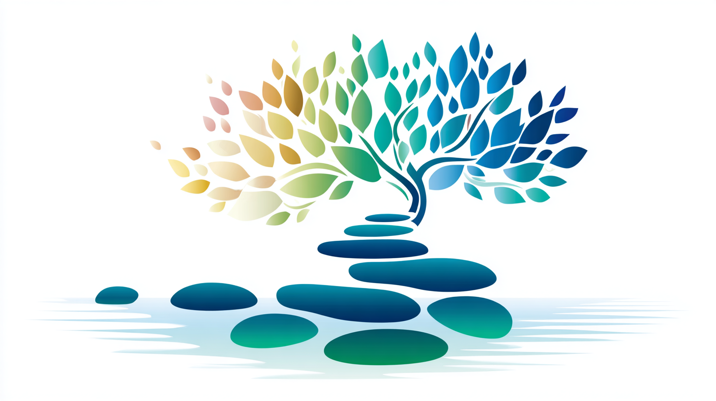 Abstract multicolored tree with leaves, reflection of rocks in water, and stepping stones leading to the tree