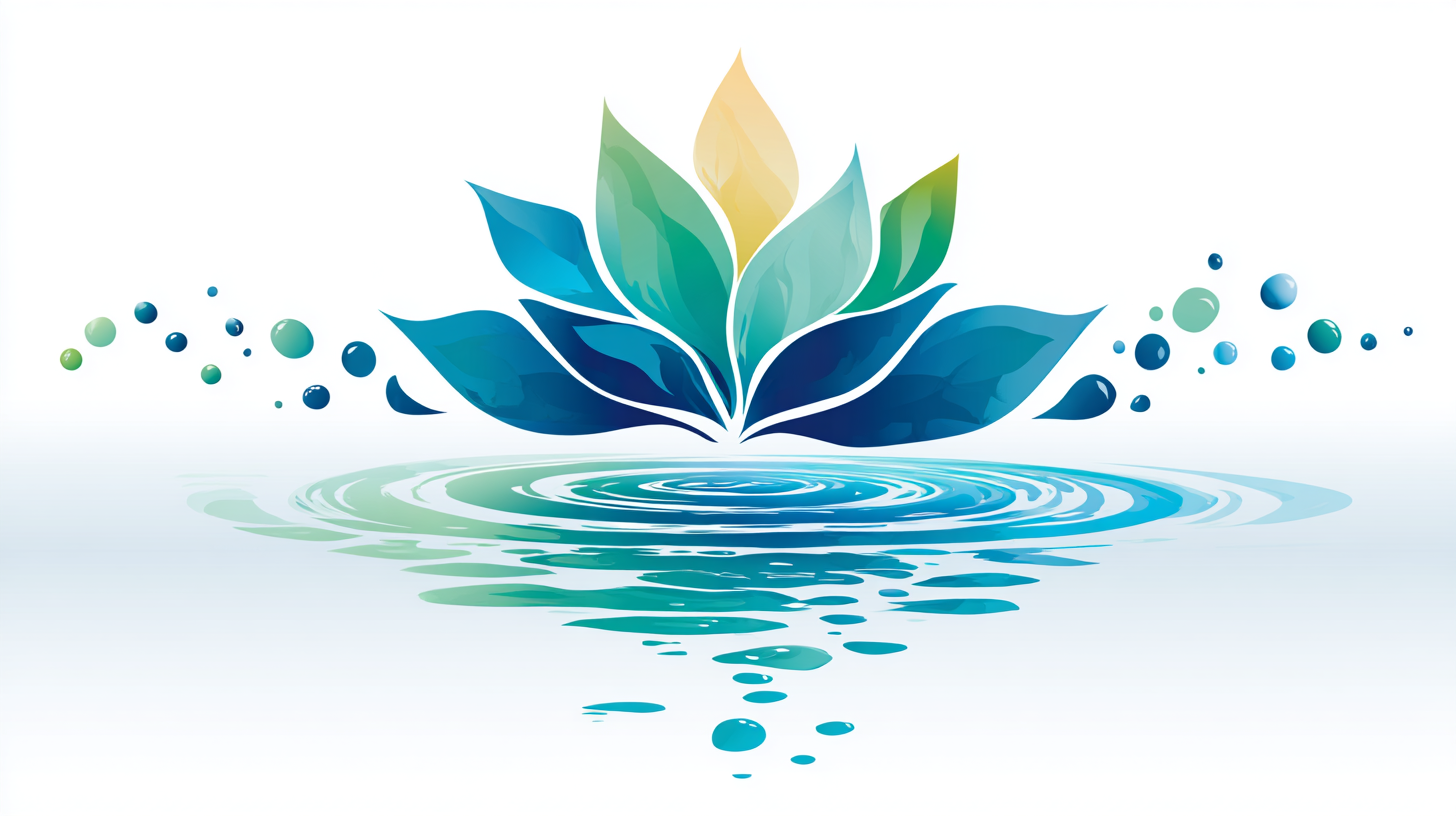 Abstract digital illustration of a lotus flower with blue and green leaves, reflected in water with ripples, surrounded by floating bubbles.