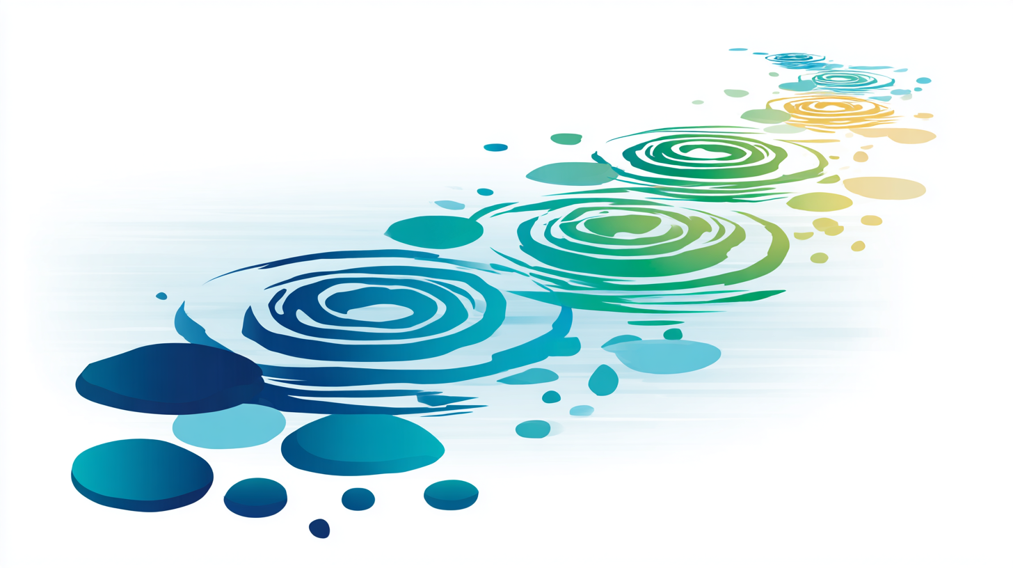 Abstract digital illustration of colorful water ripples with splashes, fading into white space.