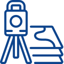 Blue outline of a surveyor's tripod and a hand adjusting it